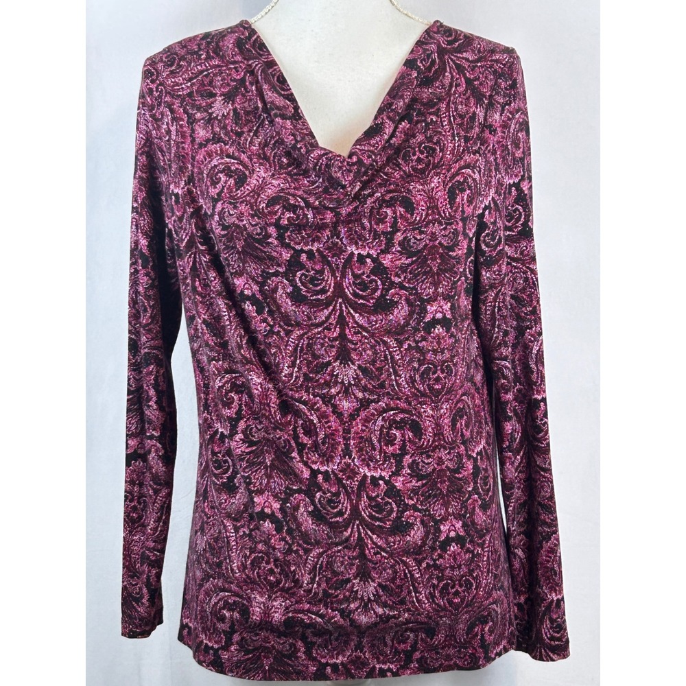 Talbots Blouse Women MP Magenta Excellent Damask Paisley Cowl Neck Long Sleeve